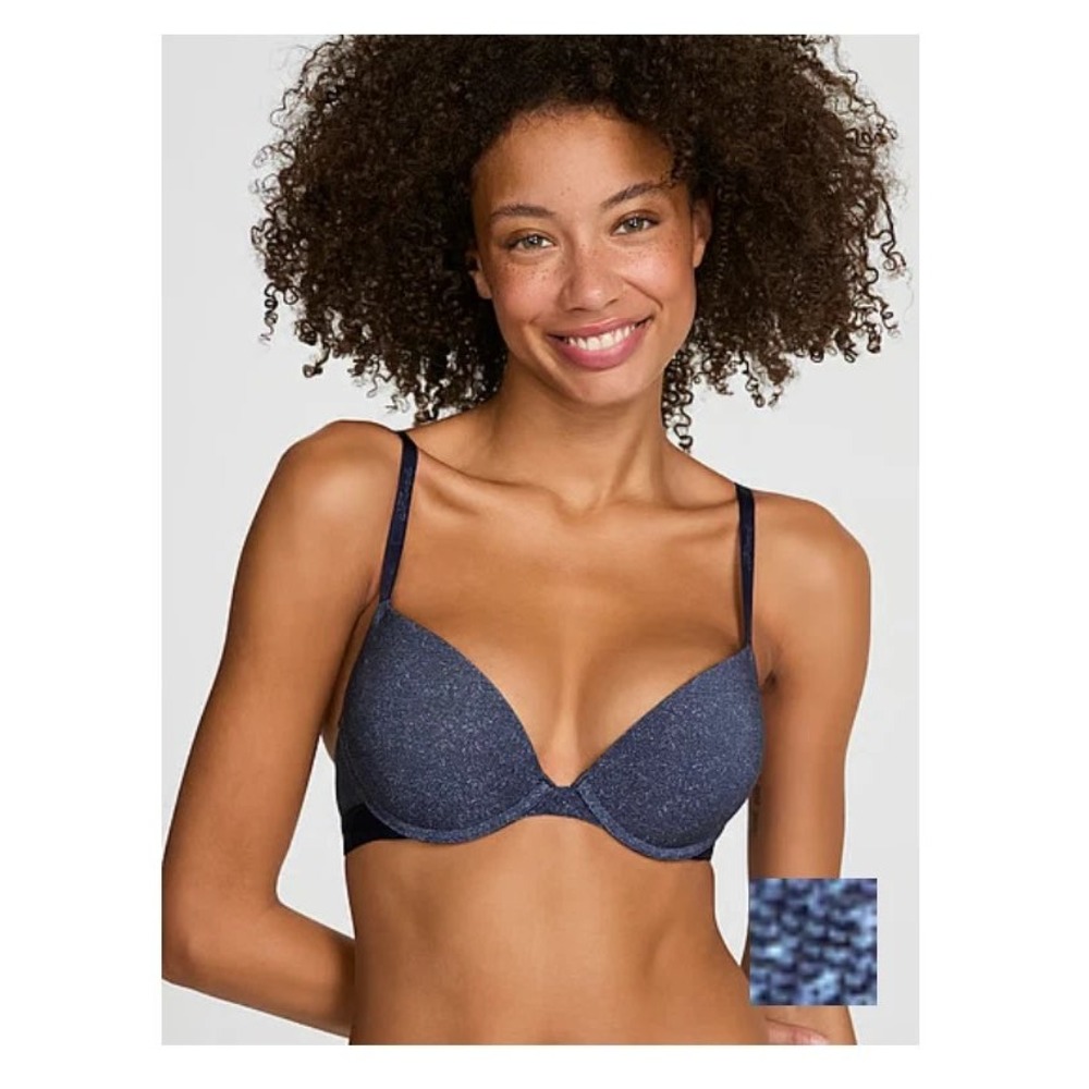 Victoria's Secret PINK Super Push Up Bra 32C Blue Space Dye Marl Logo Straps